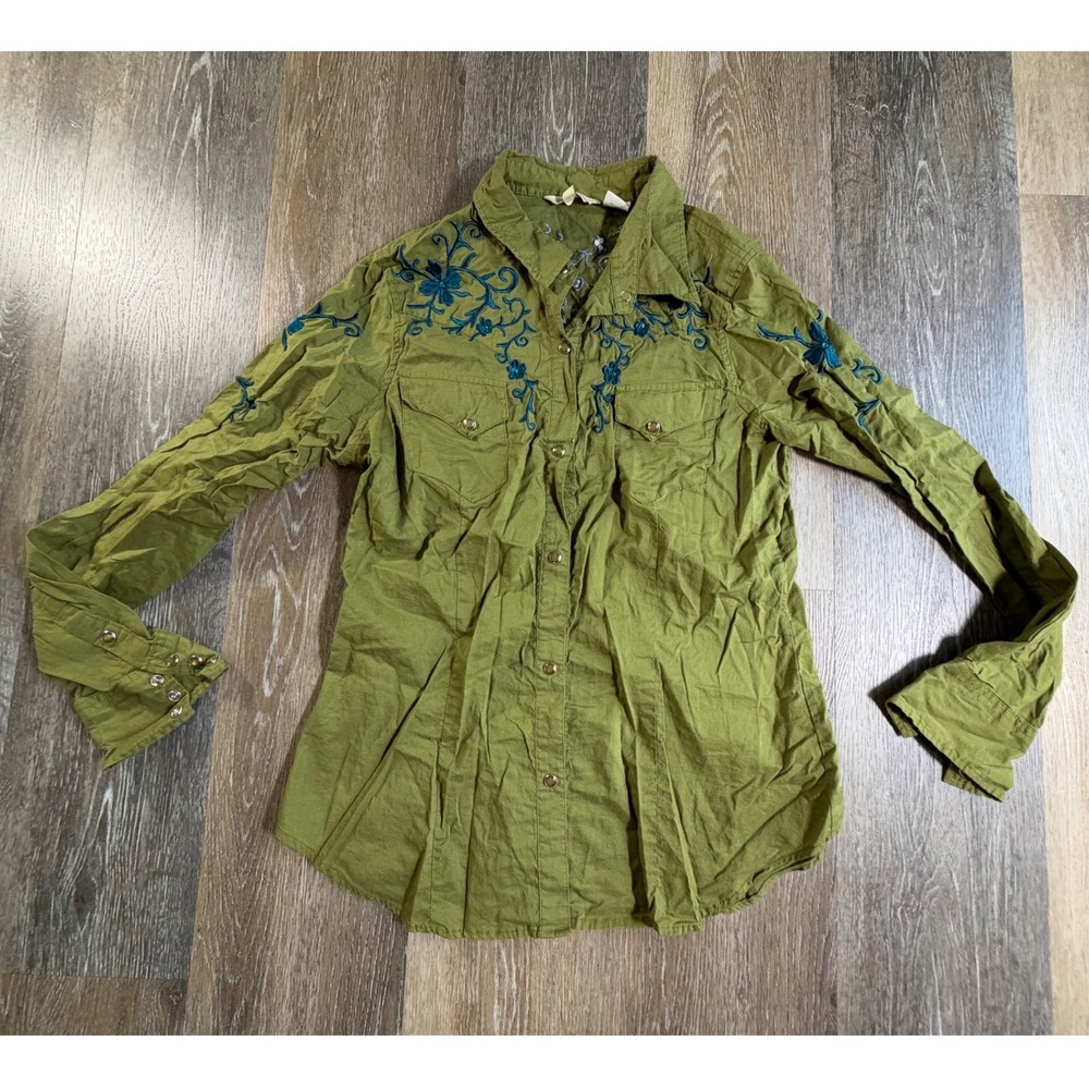Stetson Western Shirt Women Medium Olive Green Floral Embroidered Snap Button